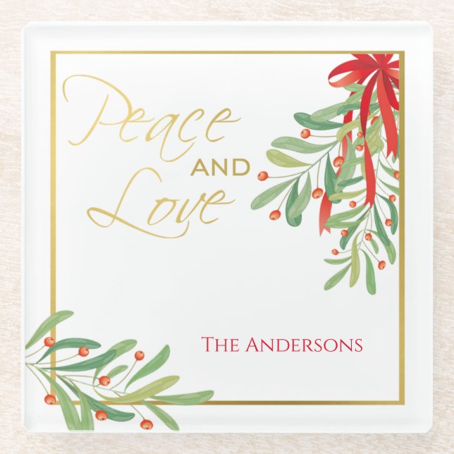 Watercolor Mistletoe & Gold | Personalised Holiday Glass Coaster (Front)