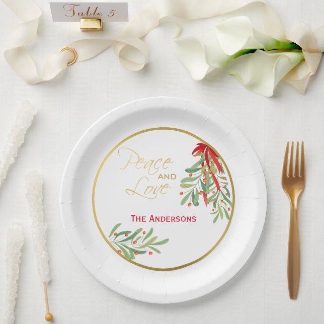Watercolor Mistletoe & Gold | Personalised Holiday Paper Plate (Wedding)