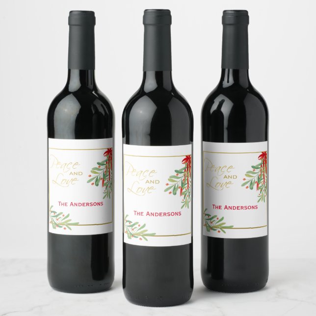 Watercolor Mistletoe & Gold | Personalised Holiday Wine Label (Bottles)
