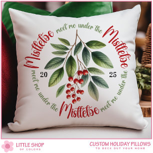 Watercolor Mistletoe Holly Berries Christmas Cushion