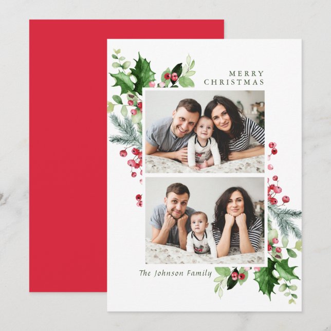 Watercolor Mistletoe Holly Berry Christmas PHOTO Holiday Card (Front/Back)