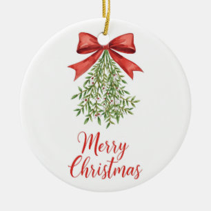 Watercolor Mistletoe Merry Christmas Ceramic Tree Decoration