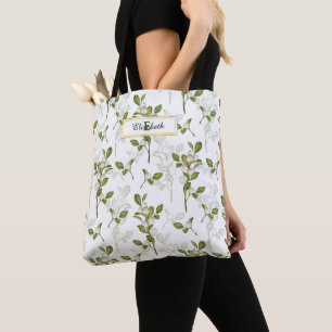 Watercolor Mistletoe Seamless Pattern Monogram Tote Bag