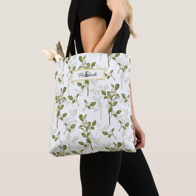 Watercolor Mistletoe  Seamless Pattern Monogram Tote Bag (Close Up)