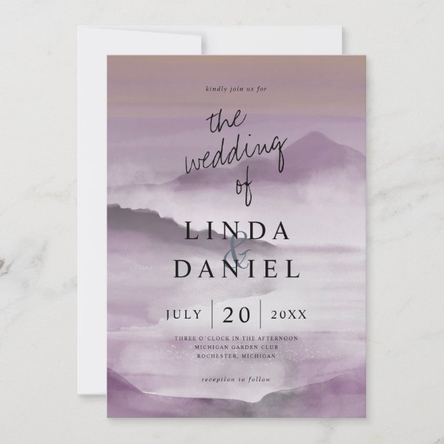 Watercolor Misty mountains blush pink wedding Invitation (Front)