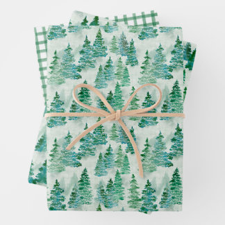 Watercolor Misty Pine Christmas Tree Forest  Wrapping Paper Sheet