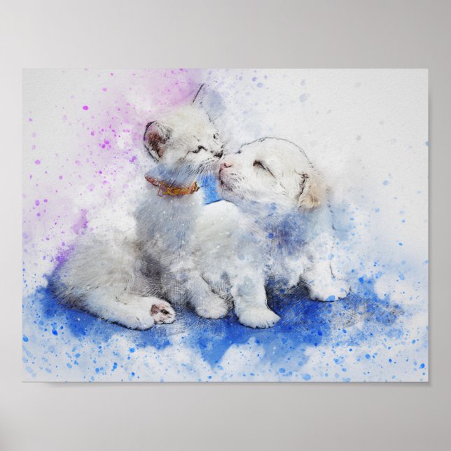 Watercolor Mix Media Kitten & Puppy Kisses Poster (Front)