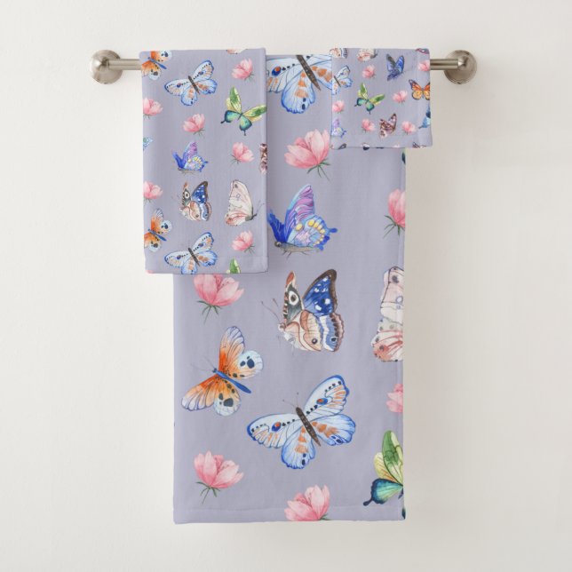 Watercolor Mixed Colourful Butterflies and Flowers Bath Towel Set (Insitu)