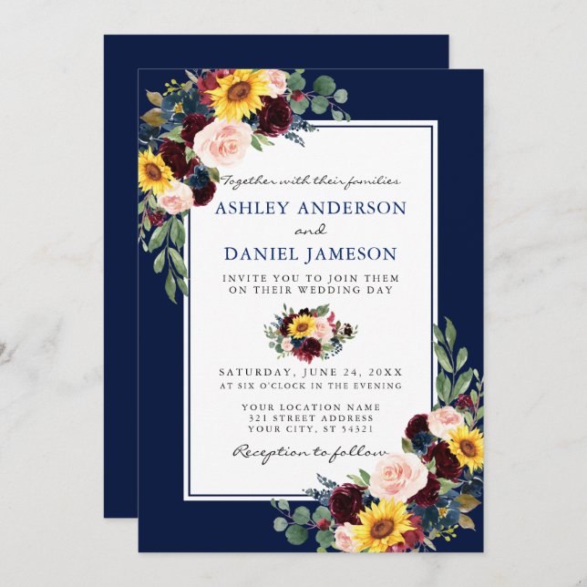 Watercolor Mixed Floral Blue Frame Wedding Invitation (Front/Back)