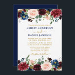 Watercolor Mixed Floral Burgundy Blue Gold Wedding Invitation<br><div class="desc">Modern Elegant Watercolor Floral Wedding Invitation includes burgundy roses,  pink roses,  red flowers,  blue flowers and botanical greenery. Navy Blue and Gold Text.</div>