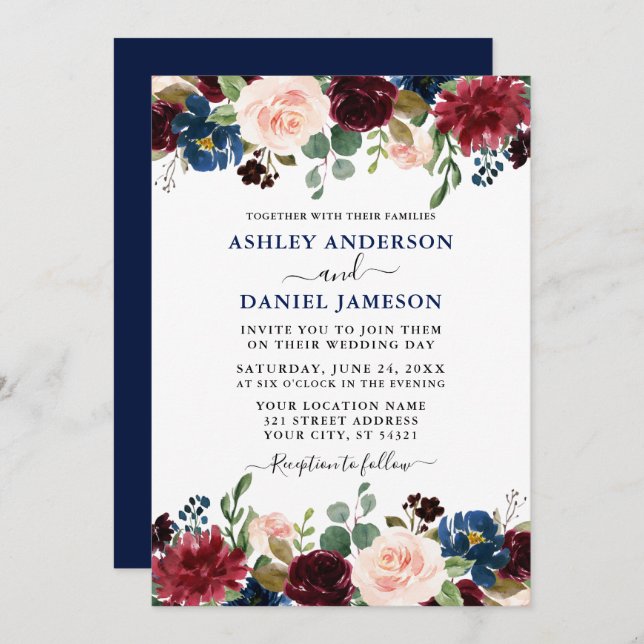 Watercolor Mixed Floral Burgundy Blue Wedding Invitation (Front/Back)