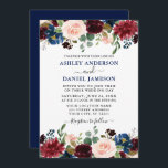 Watercolor Mixed Floral Burgundy Blue Wedding Invitation<br><div class="desc">Modern Elegant Watercolor Floral Wedding Invitation includes burgundy roses,  pink roses,  red flowers,  blue flowers and botanical greenery.</div>