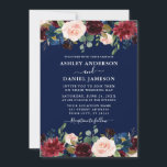 Watercolor Mixed Floral Burgundy Blue Wedding Invitation<br><div class="desc">Modern Elegant Watercolor Floral Wedding Invitation includes burgundy roses,  pink roses,  red flowers,  blue flowers and botanical greenery. Navy Blue Background.</div>
