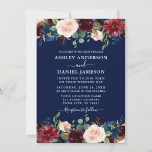 Watercolor Mixed Floral Burgundy Blue Wedding Invitation