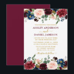 Watercolor Mixed Floral Burgundy Gold Wedding Invitation<br><div class="desc">Modern Elegant Watercolor Floral and Gold Wedding Invitation includes burgundy roses,  pink roses,  red flowers,  blue flowers and botanical greenery.</div>