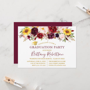 Watercolor Mixed Floral Burgundy Graduation Party Invitation
