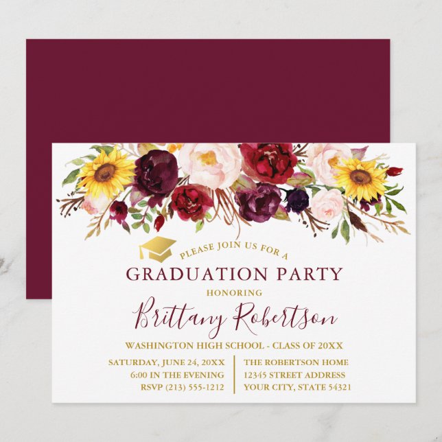Watercolor Mixed Floral Burgundy Graduation Party Invitation (Front/Back)