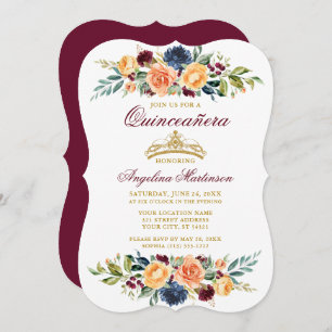 Watercolor Mixed Floral Burgundy Quinceanera Invitation