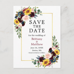 Watercolor Mixed Floral Burgundy Save the Date Postcard