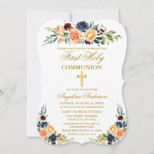 Watercolor Mixed Floral Gold First Holy Communion Invitation