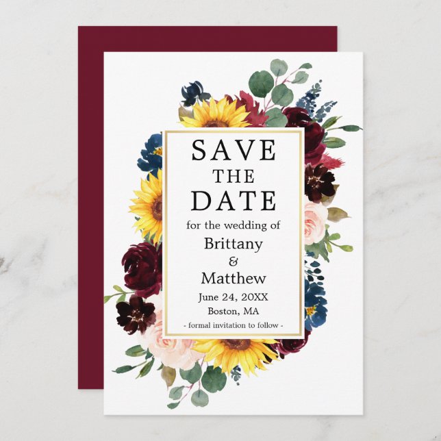 Watercolor Mixed Floral Gold Frame Save The Date (Front/Back)