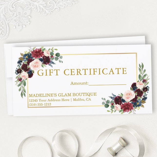 Watercolor Mixed Floral Gold Gift Certificate (Customize to change text size, style, color or to add text to back of certificate.)