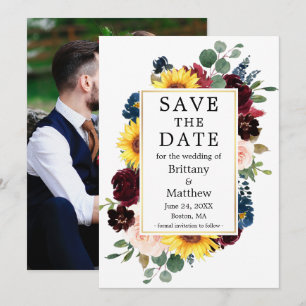 Watercolor Mixed Floral Photo Back Gold Frame Save The Date