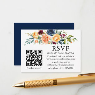Watercolor Mixed Floral QR Wedding Blue RSVP Enclosure Card