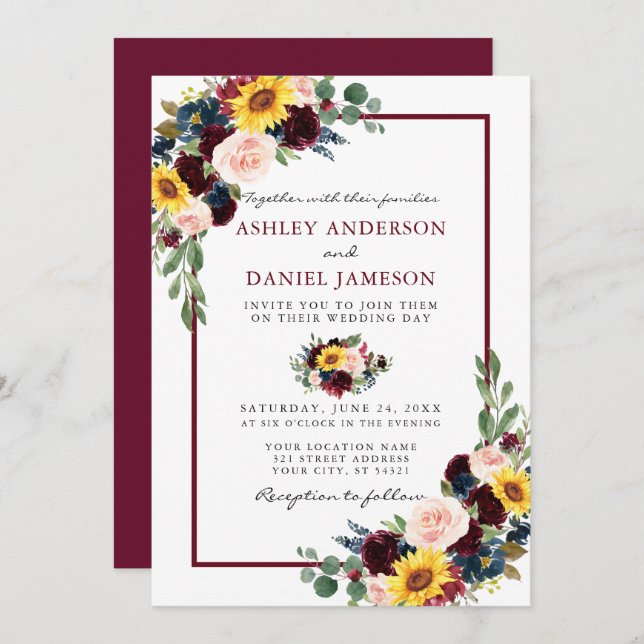 Watercolor Mixed Floral Wedding Burgundy Frame Invitation (Front/Back)