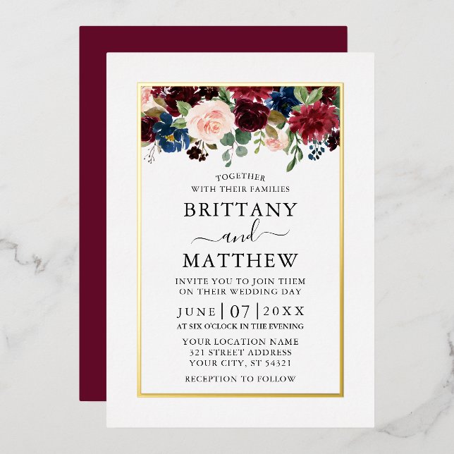 Watercolor Mixed Floral Wedding Burgundy Gold (Front/Back)