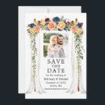 Watercolor Mixed Floral Wedding Canopy Photo Save The Date<br><div class="desc">Modern Elegant Wedding Canopy Watercolor Floral and Greenery Wedding Engagement Announcement Save The Date Card includes golden yellow,  peach,  blue,  burgundy red flowers and roses. The wood wedding canopy arch includes botanical greenery. Couple Photo.</div>
