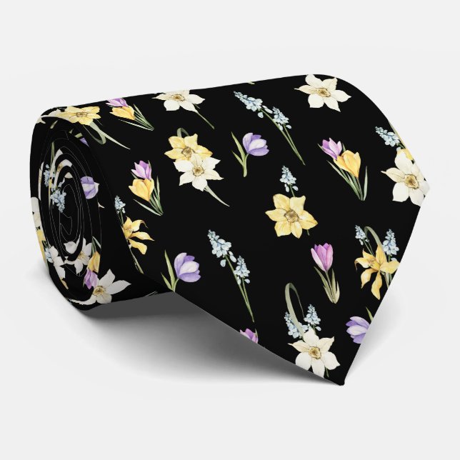 Watercolor Mixed Garden Spring Flowers Black  Tie (Rolled)