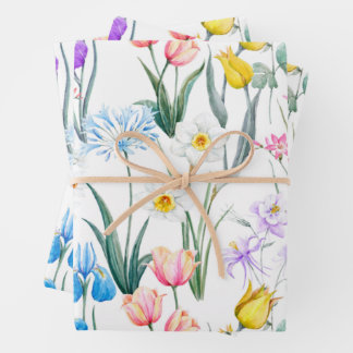 Watercolor Mixed Spring Flowers - Tulips, Daffodil Wrapping Paper Sheet