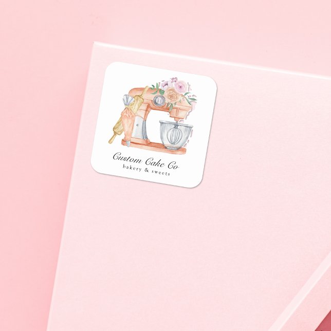 Watercolor Mixer Cake + Bakery Business Card Square Sticker (Creator Uploaded)