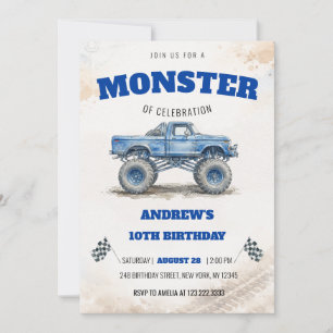 Watercolor Modern Blue Monster Truck Boy Birthday  Invitation