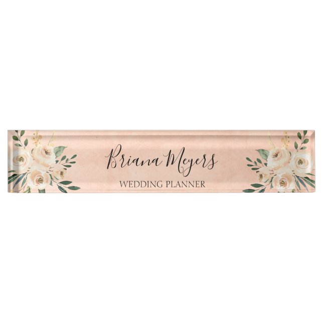 Watercolor Modern Blush Peach Hydrangeas Business  Nameplate (Front)
