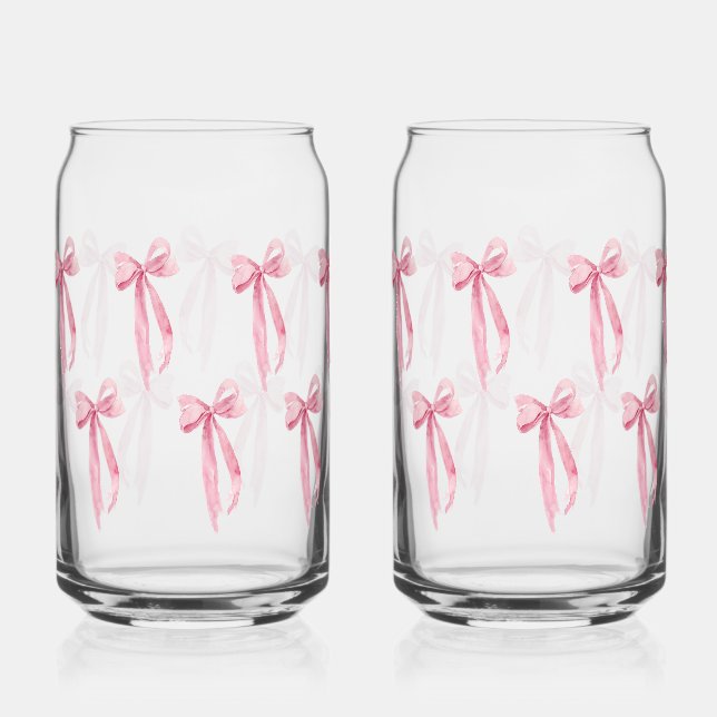 Watercolor  Modern Blush Pink Bow Ribbon Can Glass (Front)