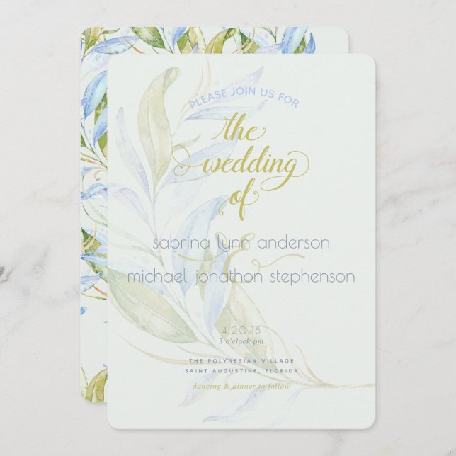 Watercolor Modern Boho Leafy Branches Wedding Invitation (Front/Back)