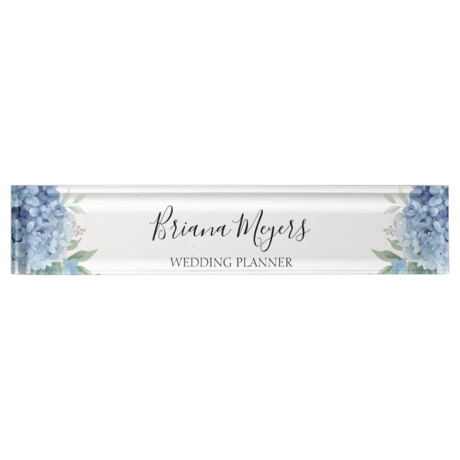 Watercolor Modern Floral Blue Hydrangeas Business Nameplate (Front)