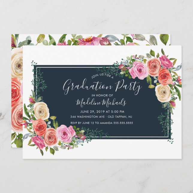 Watercolor Modern Floral Graduation Invitation (Front/Back)