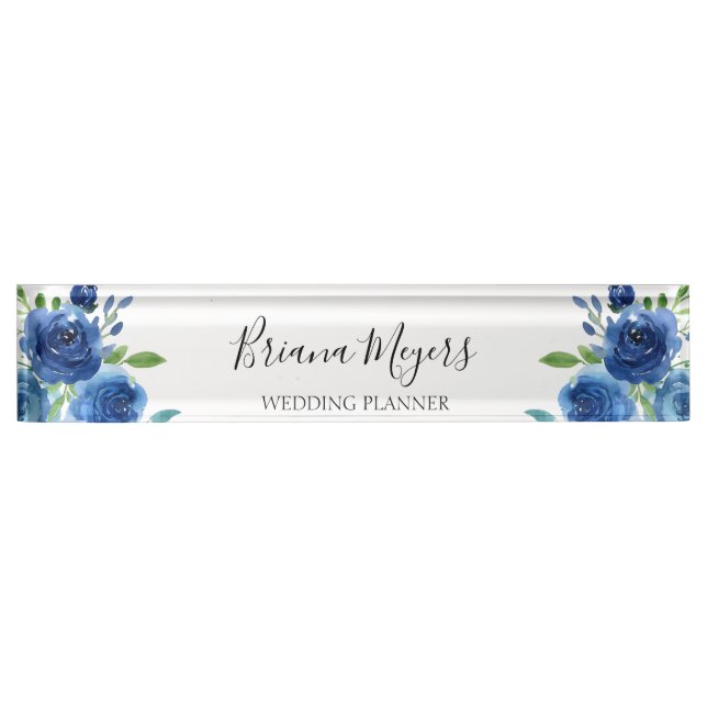 Watercolor Modern Floral Navy Blue Business Nameplate (Front)