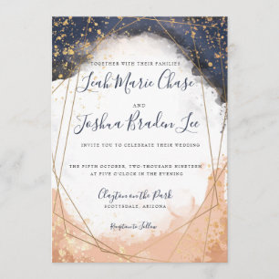 Watercolor Modern Indigo Blue and Rose Faux Gold Invitation