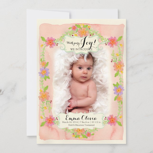 Watercolor Modern Painterly Floral Baby Girl Birth Announcement (Front)