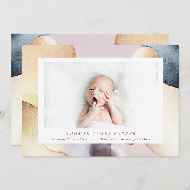 Watercolor Modern Photo Birth Announcement (Front/Back)