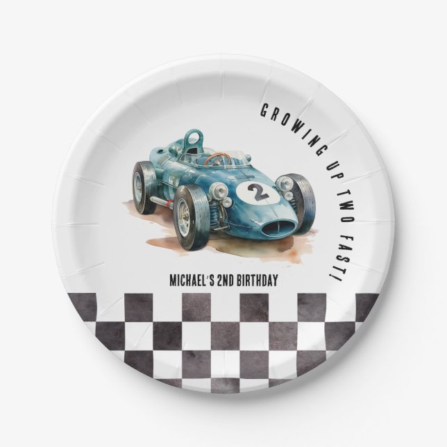 Watercolor Modern Race Car Boy Birthday Party  Paper Plate (Front)