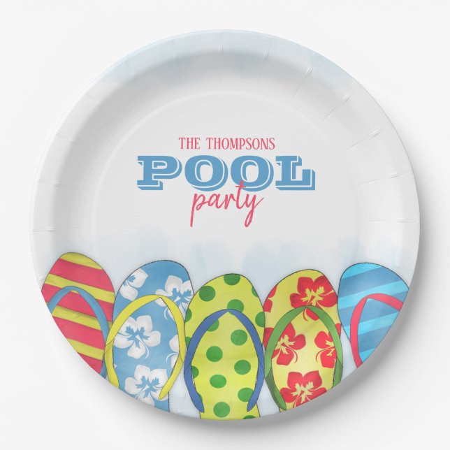Watercolor Modern Simple Pool Party Flip Flops Paper Plate (Front)