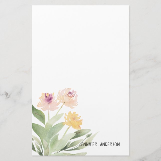 Watercolor Modern Springtime Floral Greenery Stationery (Front)