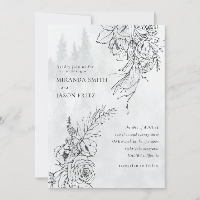 Watercolor Modern Winter Woods Mountain Wedding Invitation (Front)