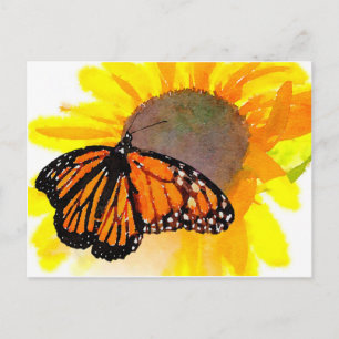 Watercolor Monarch Butterfly and Sunflower Postcard
