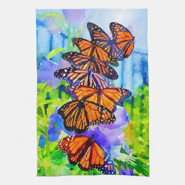 Watercolor Monarch Butterfly Migration Tea Towel (Vertical)
